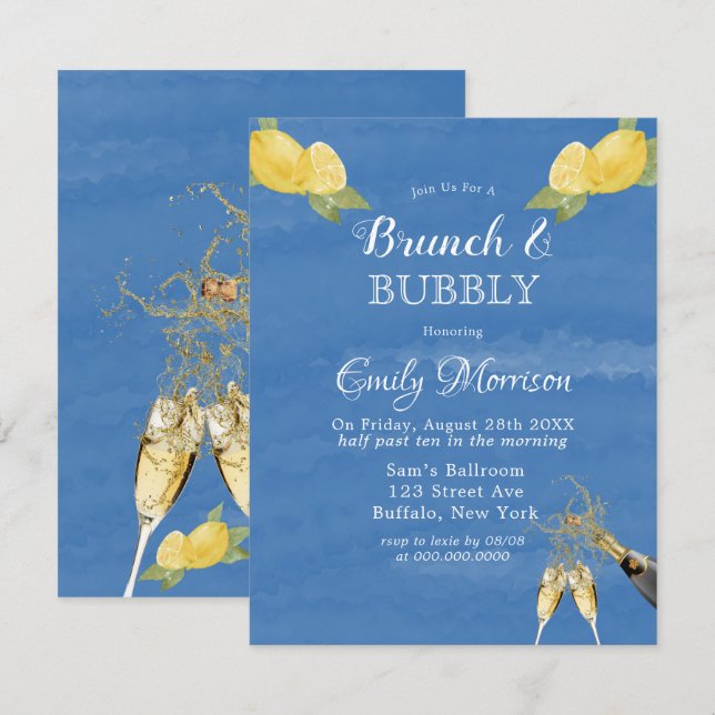 Invitation Citrons et aquarelle bleue Brunch & Bubbly (Devant / Derrière)
