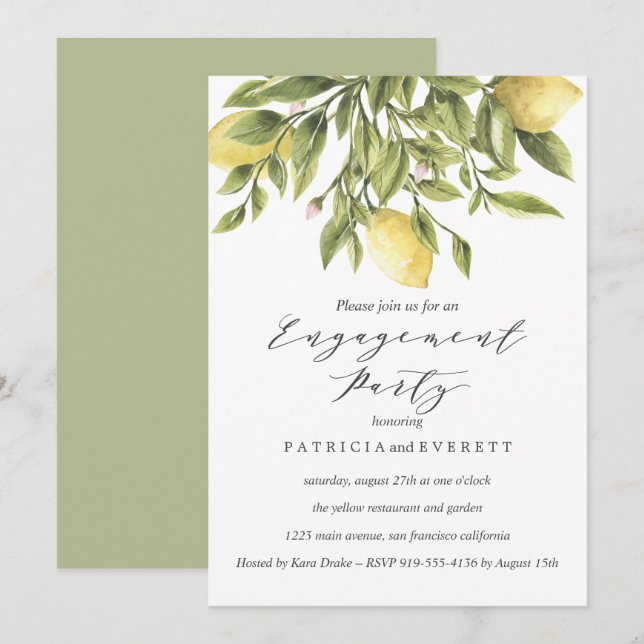 Invitation Citrons et feuillages Mariages de la partie d'enga (Devant / Derrière)