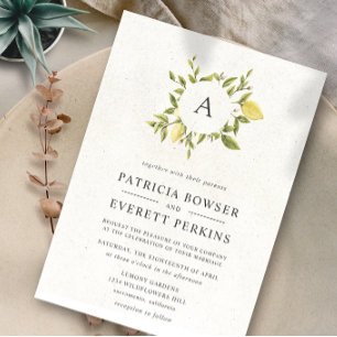 Invitation Citrons et feuilles   Mariage d'aquarelle Monogram