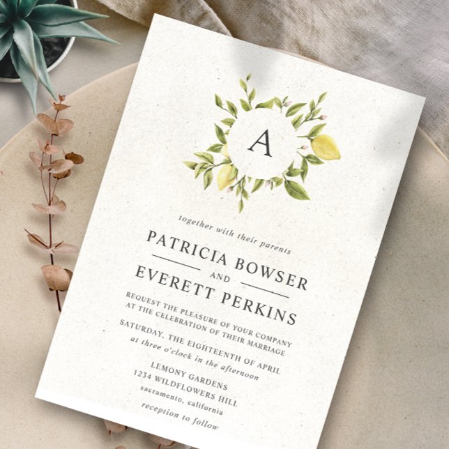 Invitation Citrons et feuilles | Mariage d'aquarelle Monogram (Créateur téléchargé)