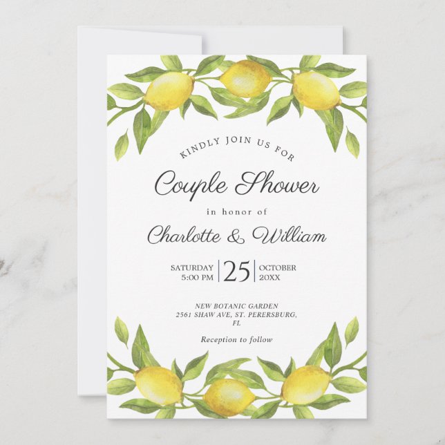 Invitation Citrons Fleurie Verdure Aquarelle Couple Douche (Devant)