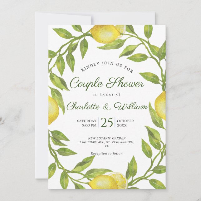Invitation Citrons Fleurie Verdure Aquarelle Couple Douche (Devant)