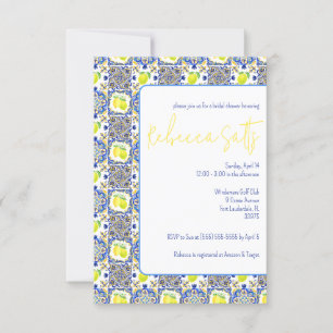 Invitation Citrons Majolica bleu, blanc, jaune Fête des marié