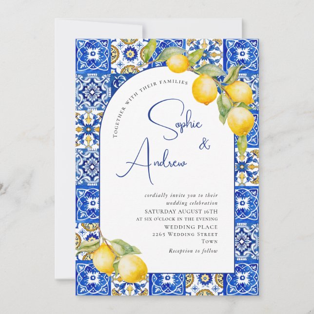Invitation Citrons méditerranéens Carreaux bleus Mariage Phot (Devant)