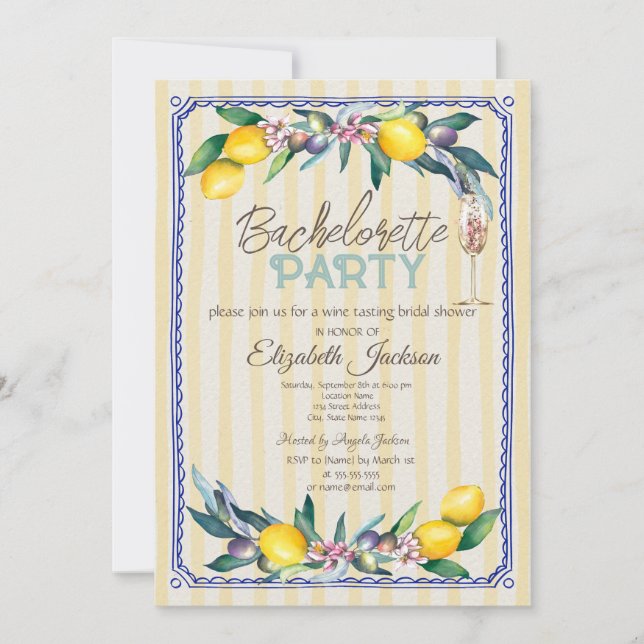 Invitation Citrons Olives Verre Jaune Stripes Bachelorette (Devant)