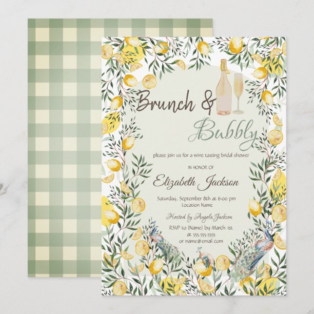 Invitation Citrons Peacock Green Plaid Brunch & Bubbly (Devant / Derrière)