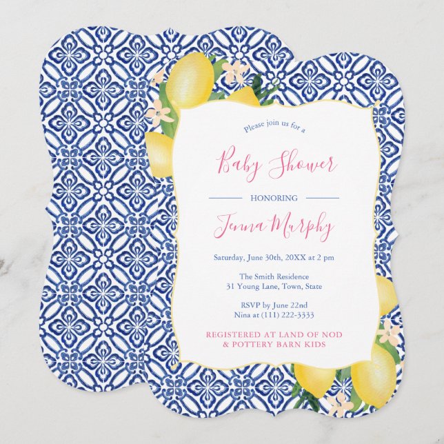 Invitation Citrons peints à la main Cobalt Baby shower bleu b (Devant / Derrière)