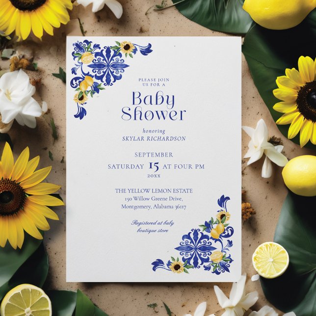 Invitation Citrons & Poterie Bleue Antique Baby shower Motif (Lemons & Antique Blue Pottery Pattern Baby Shower Invitation)