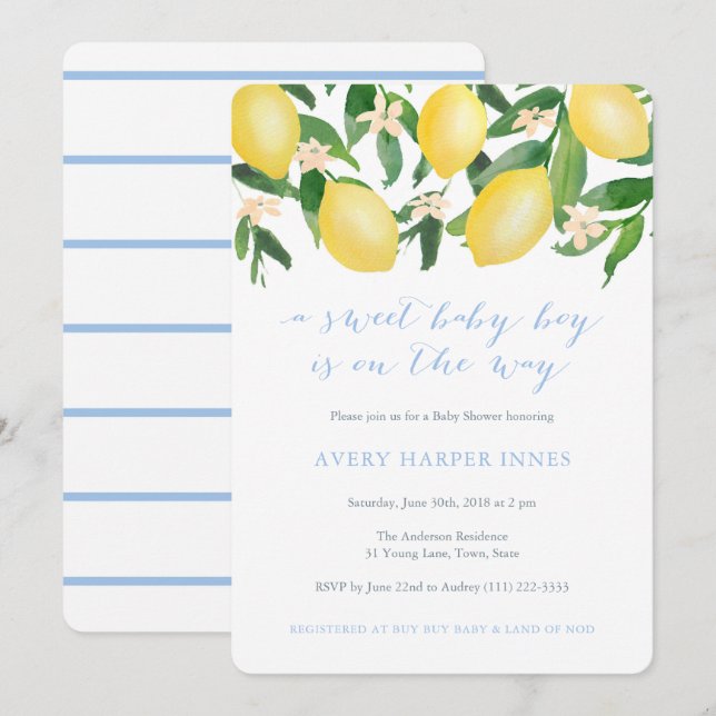 Invitation Citrons Poudre Bleu Sweet Boy Baby shower (Devant / Derrière)