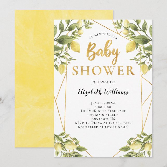 Invitation Citrons vert Baby shower de cadre géométrique (Devant / Derrière)
