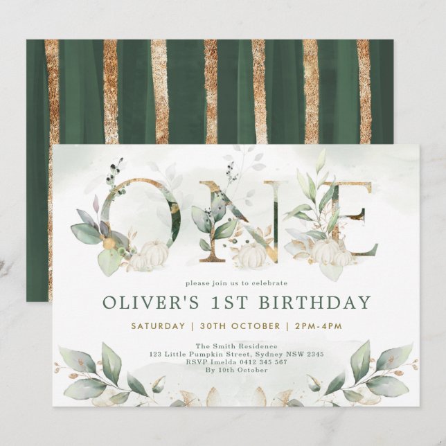 Invitation Citrouille 1er Anniversaire Automne Vert Gold Part (Devant / Derrière)