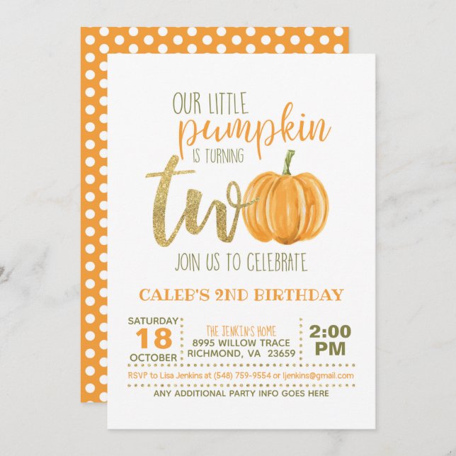 Invitation citrouille 2E Anniversaire - Points ora (Devant / Derrière)