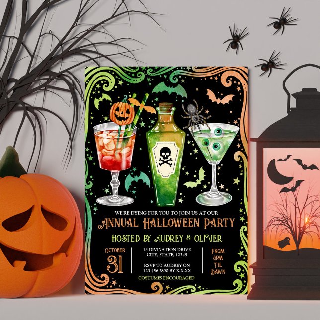 Invitation Citrouille annuel de la soirée Cocktail Halloween  (Annual Halloween Cocktail Party Green and Orange Invitation)