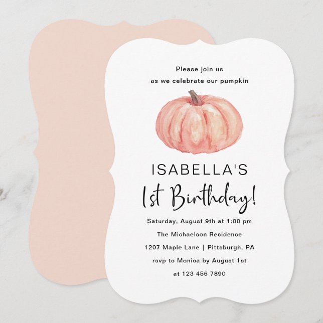 Invitation Citrouille aquarelle 1ère fête d'anniversaire (Devant / Derrière)