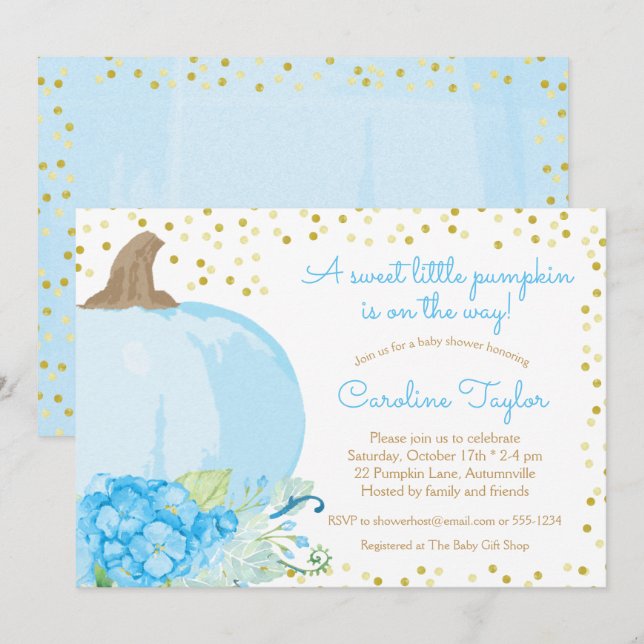 Invitation Citrouille Aquarelle Bleu Or Chute bébé Garçon Dou (Devant / Derrière)
