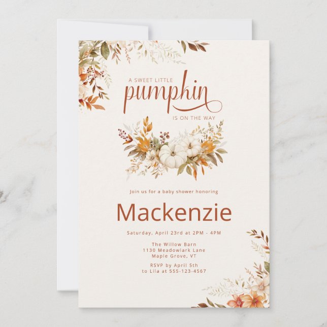 Invitation Citrouille aquarelle et Baby shower floral d'autom (Devant)