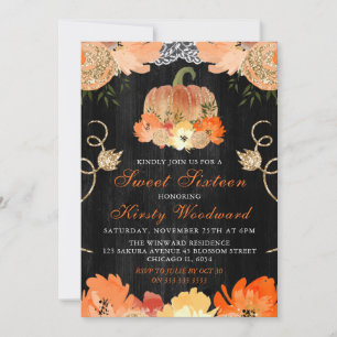 Invitation Citrouille aquarelle Fleurs automnales Sweet 16