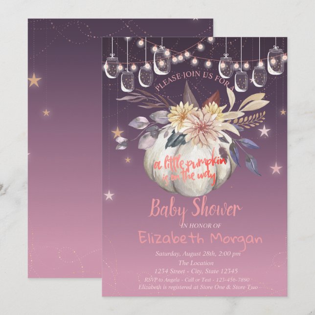 Invitation Citrouille aquarelle, Floral, Baby shower lumineux (Devant / Derrière)