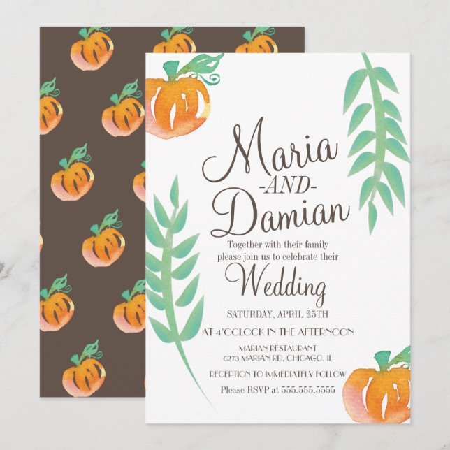 Invitation Citrouille aquarelle illustration Mariage de autom (Devant / Derrière)