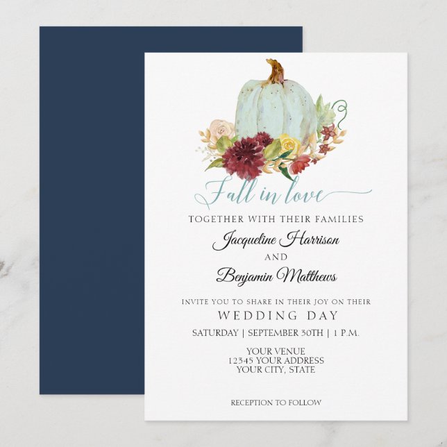Invitation Citrouille aquarelle marine burgundy florale rusti (Devant / Derrière)
