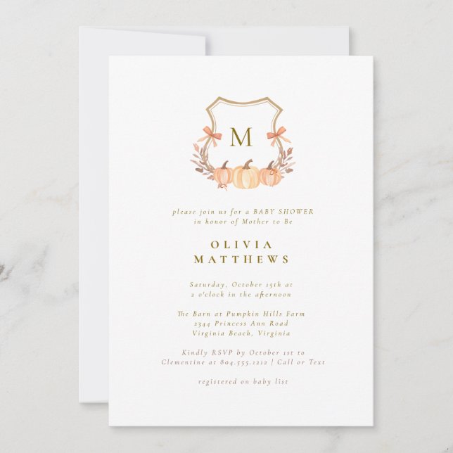 Invitation Citrouille Automne Aquarelle Coquette Bows Baby sh (Devant)