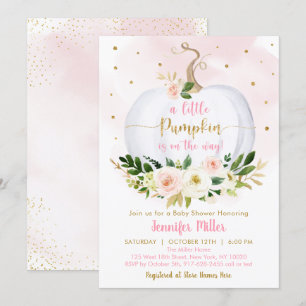 Invitation Citrouille automne Baby shower fille or rose 