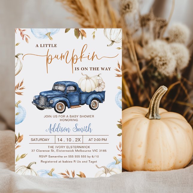 Invitation Citrouille Automne bleu Camion Petit Baby shower C (Boys Little Pumpkin Baby Shower Invitation Template, Fall Blue Pumpkin Truck baby Shower Invite)
