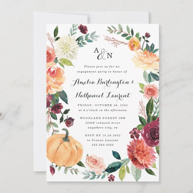 Invitation Citrouille Automne Chic Floral Rustique (Devant)