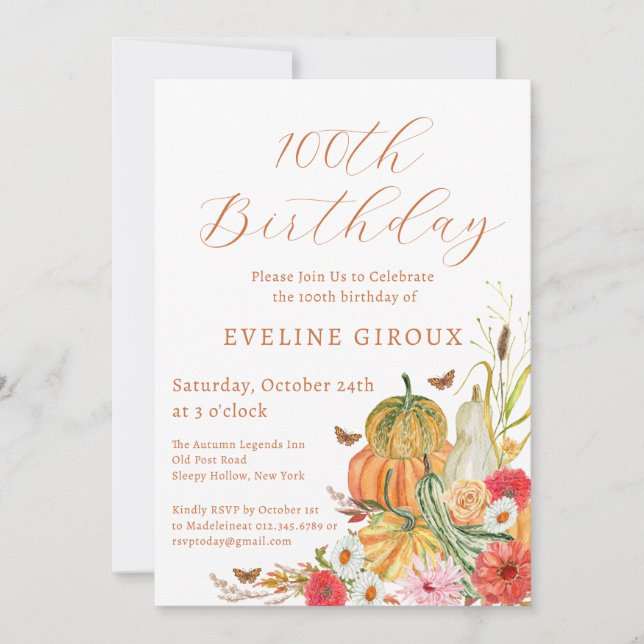 Invitation Citrouille Automne Fleur sauvage Floral 100e anniv (Devant)