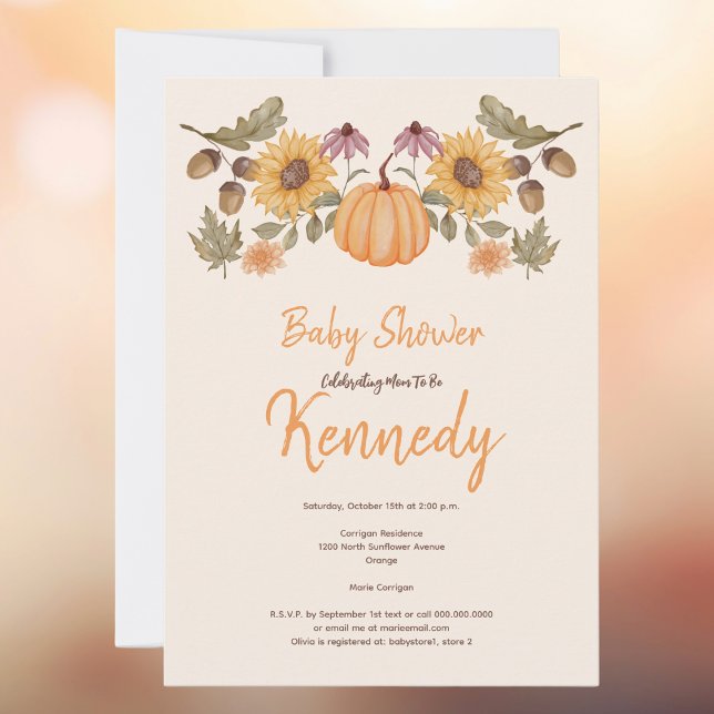 Invitation Citrouille Automne Floral Baby shower d'automne (Baby Shower to Honor A Mom To Be. Fall Autumn Pumpkin. Floral sunflowers.)