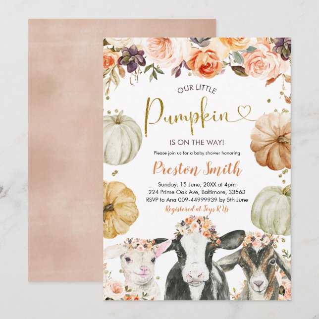 Invitation Citrouille Automne Floral Farm Baby shower Invitat (Devant / Derrière)