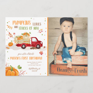 Invitation Citrouille automne RedTruck Orange Green Boy Anniv