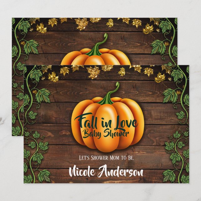 Invitation Citrouille Automne Rustic Green Gold Baby shower I (Devant / Derrière)