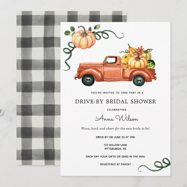 Invitation Citrouille Automne Truck Drive par Fête des mariée (Devant / Derrière)