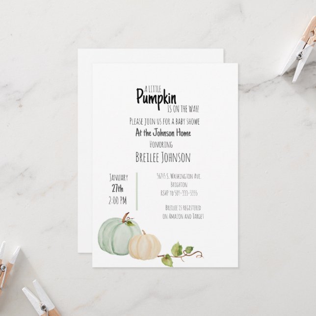 Invitation citrouille Baby shower aquarelle (Devant/Arrière en situation)