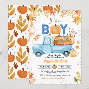 Invitation Citrouille Baby shower Boy Blue Truck Aquarelle