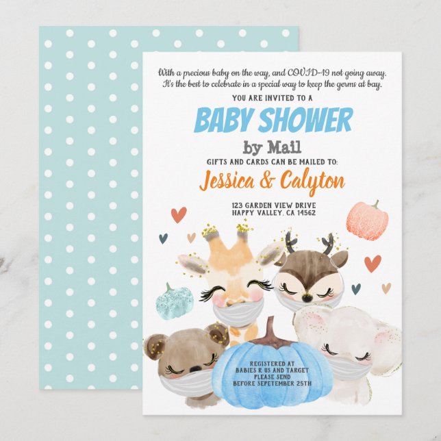 Invitation Citrouille Baby shower de garçon par mail Woodland (Devant / Derrière)