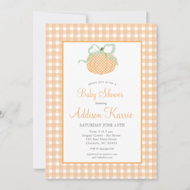 Invitation Citrouille Baby shower En vichy (Devant)