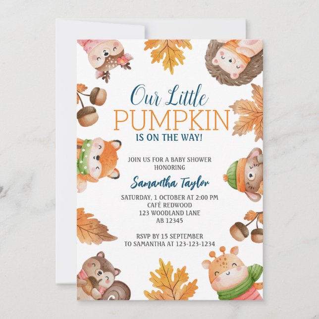 Invitation citrouille Baby shower, Fall Woodland (Devant)