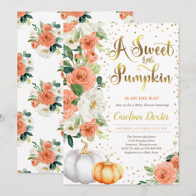 Invitation Citrouille Baby shower Orange Pink & Go (Devant / Derrière)