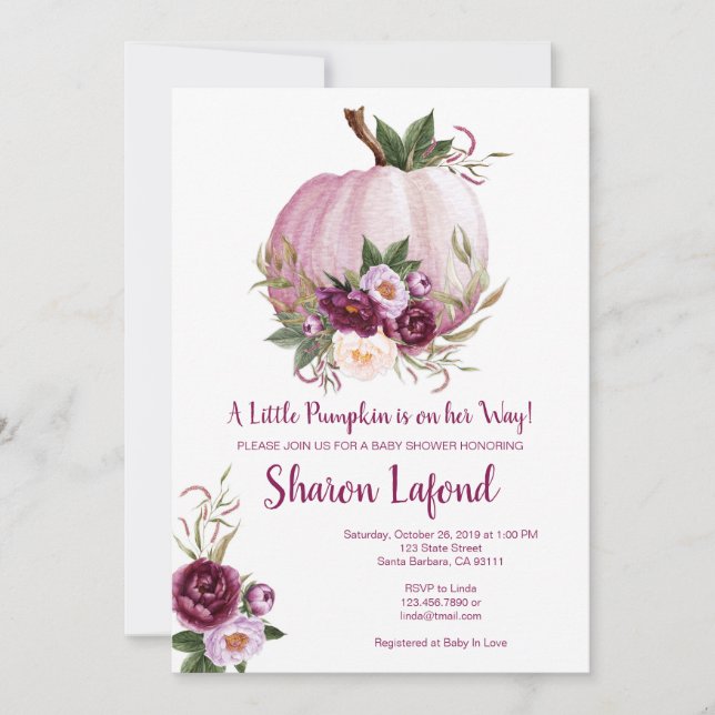 Invitation citrouille Baby shower pour une fille (Devant)