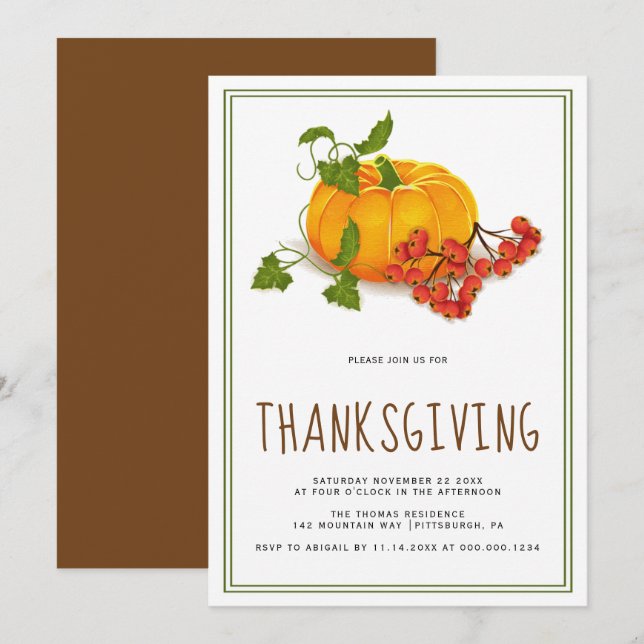 Invitation Citrouille, baies et cadre vert Thanksgiving (Devant / Derrière)