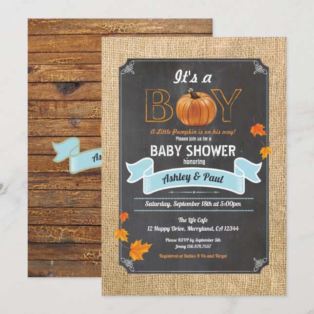 Invitation Citrouille bébé garçon douche burlap bois craie (Devant / Derrière)