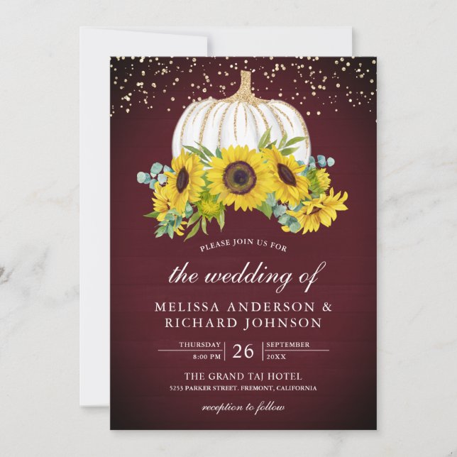 Invitation Citrouille blanc de Bourgogne tournesols Mariage (Devant)