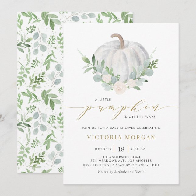 Invitation Citrouille blanc et Baby shower d'automne verdoyan (Devant / Derrière)