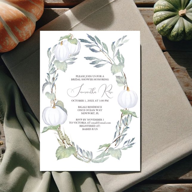 Invitation CITROUILLE BLANC Fête des mariées Feuilles verts (Fall bridal shower invitations watercolor white pumpkin with sage green. Shop online for printable )