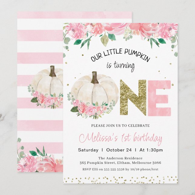 Invitation Citrouille blanc Floral Gold Word 1er anniversaire (Devant / Derrière)