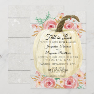 Invitation Citrouille blanche florale rose rustique en bois d