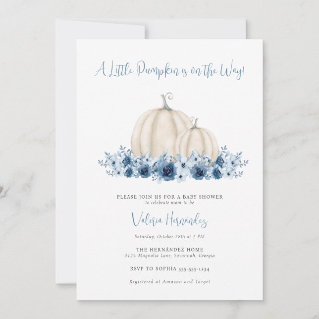 Invitation Citrouille bleu Baby shower bilingue espagnol angl (Devant)