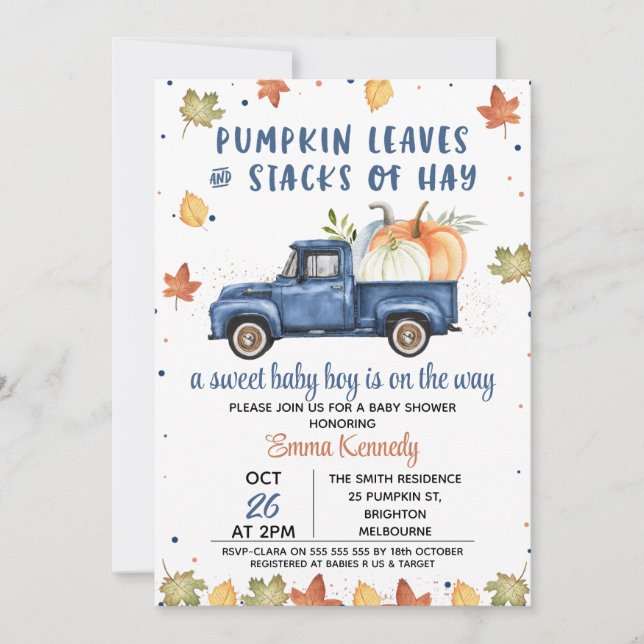 Invitation Citrouille bleu de la marine Baby shower d'automne (Devant)